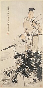 Traditional Chinese painting depicting two men watching geese in the water.