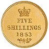 Coin with inscription "Five shillings 1853"