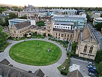 Aerial view of Mansfield College Quad (L-R: Principal's Lodgings, JCR; Library, Tower Building, Old Hall, Chapel)
