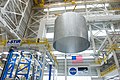 SLS core stage segment at its I-STIR weld equipment in the North Vertical Assembly Building
