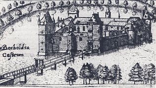 Bocholdia Castrum as published in the Gallo-Brabantia by J.B. Gramaye in 1606. This drawing displays the castle after it has been restored by Christoffel d'Assonville (1590–1600).