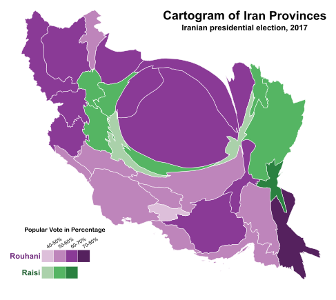 Iranian presidential election, 2017 by province. The area of each province is proportional to the number of its total votes.