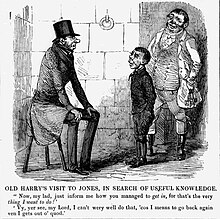 Cartoon showing Boy Jones in prison, talking to his jailor. The text reads: OLD HARRY'S VISIT TO JONES, IN SEARCH OF USEFUL KNOWLEDGE. "Now, my lad, just inform me how you managed to get in, for that's the very thing I want to do!" "Vy, yer see, my Lord, I can't wery well do that, 'cos I means to go back again ven I gets out o' quod."