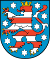 Steigender Löwe im Landeswappen von Thüringen (roter Löwenkopf)