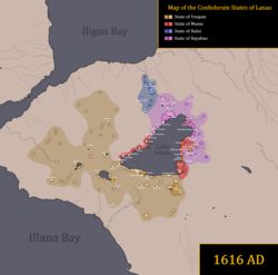 The map of the Lanao Confederacy in 1616 after its separation from Maguindanao.