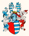 Stammwappen mit Stechhelm, Aquarell um 1860 von Adalbert Ritter Kral von Dobra Voda (1844–1913)