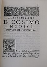 Dedication to Medici in volume I of "Opere di Galileo Galilei" (1718)