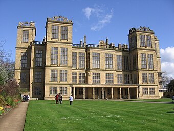 Hardwick Hall, built 1590–97, has six banqueting houses on the top of the towers, reached only across the roof leads