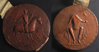 Red-brown Great Seal of Henry II. The left side shows one view of it: an armed soldier riding a horse; the right side shows another: a seated man holding an orb with a bird perching on top of it. A good portion of the seal on the right side of the image is no longer extant.