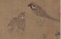 Part of an ink on silk painting by Huang Quan c. 965 CE showing a fledgling soliciting food from an adult