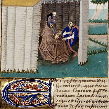 Lancelot, dressed in brown, living with his companions in a hermit hut at the end of his life (Tristan en prose c. 1450–1460)