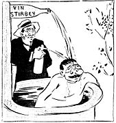 1910 advertisement by Ion Theodorescu-Sion, showing actor Ion Brezeanu bathing in "Știrbey wine"