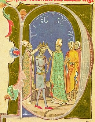 Chronicon Pictum, Hungarian, Hungary, King Stephen II, son of King Coloman, coronation, crown, orb, scepter, bishops, medieval, chronicle, book, illumination, illustration, history