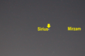 Conjunction of Sirius and Pallas (marked with an arrow) on October 9, 2022, photographed with an objective with a focal length of 75 millimetres