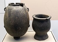 Lower-Egypt basalt jars in the shape of pottery from Maadi, Naqada I–II, British Museum EA 34398, EA 26654