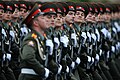 Ground Forces Cadets during the 2012 Moscow Victory Day Parade wearing the former dress uniform, the K on their shoulder boards is for кадет (Cadet)