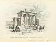 An 1839 drawing of Curzon Street, showing the planned flanking arches, which were never built