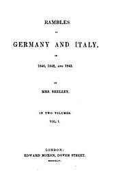 Page reads "Rambles in Germany and Italy in 1840, 1842, and 1843. By Mrs. Shelley. In Two Volumes. Vol. I. London: Edward Moxon, Dover Street."