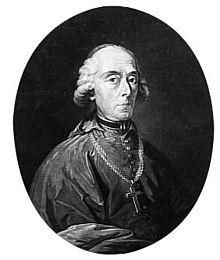 Black-and-white portrait of an elderly man wearing a white, powdered wig and the robes and cross of archbishops.