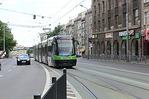 Low-floor PESA 120Na on line 8 in Wyszyńskiego Street