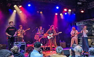 Six musicians play music on a stage in front of a crowd, lit by pink and blue lights. One is playing a keyboard, one is playing a trumpet, three are playing various types of guitars, and one is playing drums.