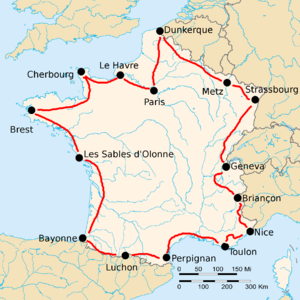 Route of the 1923 Tour de France followed counterclockwise, starting in Paris