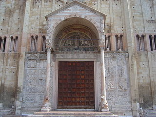 San Zeno, Verona, has a porch typical of Italy. The square-topped doorway is surmounted by a mosaic. To either side are marble reliefs showing the Fall of Man and the Life of Christ