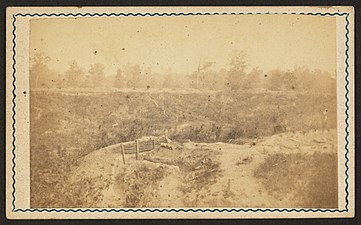 Photograph of the earthworks and one of the deep, forested ravines that defended Port Hudson, 1863–1864, Library of Congress collection.