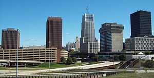 View of the Akron skyline from the west looking east