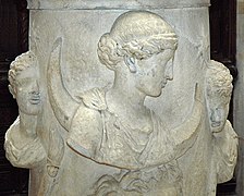 The Moon-goddess Selene or Luna accompanied by the Dioscuri, or Phosphoros (the Morning Star) and Hesperos (the Evening Star). Marble altar, Roman artwork, 2nd century AD. From Italy.