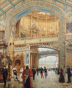 The new Gallery of Machines of the 1889 Exposition, again the largest building in the world, was decorated with colorful polychrome tiles.