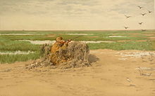 Painting of a kneeling hunter shooting at a group of birds flying above a marsh
