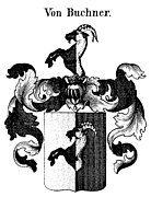 Wappen des 1838 geadelten Wilhelm Heinrich von Buchner, Wappenbuch des gesammten Adels des Königreichs Bayern, 1840, der aber kein Nachkomme der fränkisch-sächsischen Buchner war