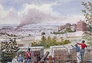 British bombardment of Canton from the surrounding heights, 29 May 1841. Watercolour painting by Edward H. Cree (1814–1901), Naval Surgeon to the Royal Navy.
