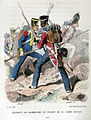 Füsilier und Grenadier 1824 (rechts in rot, links Soldaten des Regiments Hohenlohe in blau)