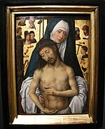 Hans Memling, 1475–79. Sometimes the Instruments of the Passion are expanded, as here, to include heads and disembodied hands of the persecutors.