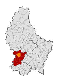 Map of Luxembourg with Koerich highlighted in orange, and the canton in dark red