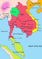 Image 69Map of South-east Asia c. 900 CE, showing the Khmer Empire in red, Champa in yellow and Haripunjaya in light green, plus additional surrounding states (from History of Cambodia)