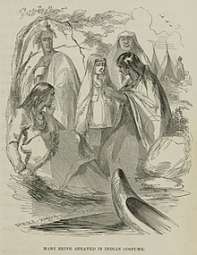 "Mary being arrayed in Indian costume", illustration published in an 1856 biography of Jemison.