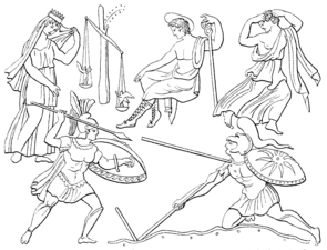 Eos watches the battle between Memnon and Achilles.