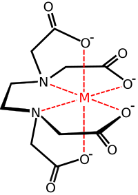a chemical diagram of [CH2N(CH2CO2-)2]2 (shown in black) with the four O- tails binding a metal ion (shown in red).