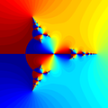 Generalized Newton fractal for p(z) = z3 − 1, a = −1/2. The colour was chosen based on the argument after 40 iterations.