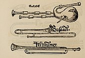 Virdung illustrated (1511 AD) bent trumpets including felttrumet (field trumpet) and busaun (sackbut).
