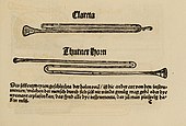 Virdung illustrated (1511 AD) bent trumpets including clareta, thin tubed to produce high notes. Thurner horn; may be thürmer (tower), as in tower watchmen.[28]