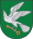 A coat of arms depicting a grey bird with a golden eye and wings outstretched holding a golden key all on a green background