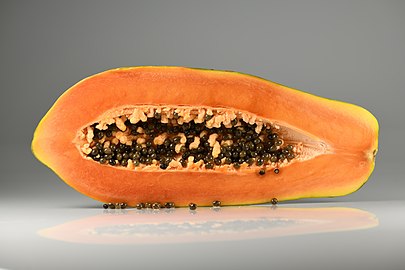 Longitudinal section of fruit showing orange flesh and numerous black seeds