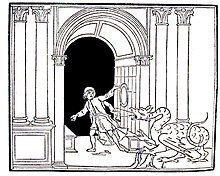 woodcut of Poliphilo encountering a dragon from a page of the Hypnerotomachia Poliphili