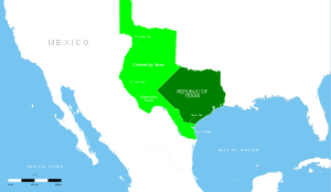 Map of the Republic of Texas. Since the Republic was not recognized by Mexico, its entire territory was disputed. The area that was controlled by the Republic is in dark green, while the territory claimed by the Republic but not effectively controlled is in light green.