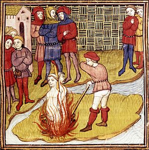 Execution of Jacques de Molay on the ile aux Juifs, March 18, 1314 (miniature du Maître de Virgile. Grandes Chroniques de France, vers 1380, BL, Royal MS 20 C vii, f.48r.