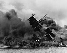 The USS Arizona (BB-39) burning after the Japanese attack on Pearl Harbor - NARA 195617 - Edit